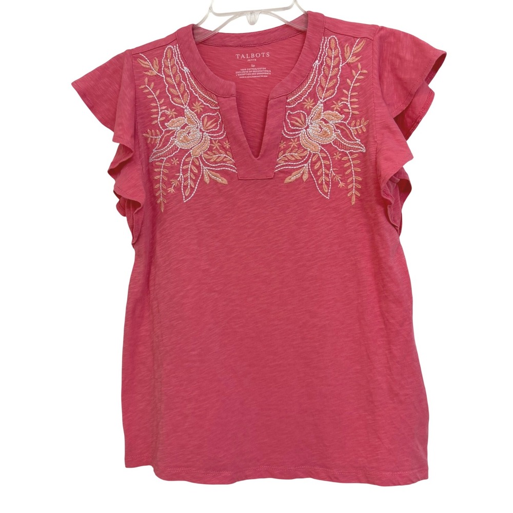 Talbots Petite Pink Embroidered Floral Flutter Sleeve Split Neck Cotton Top Sp